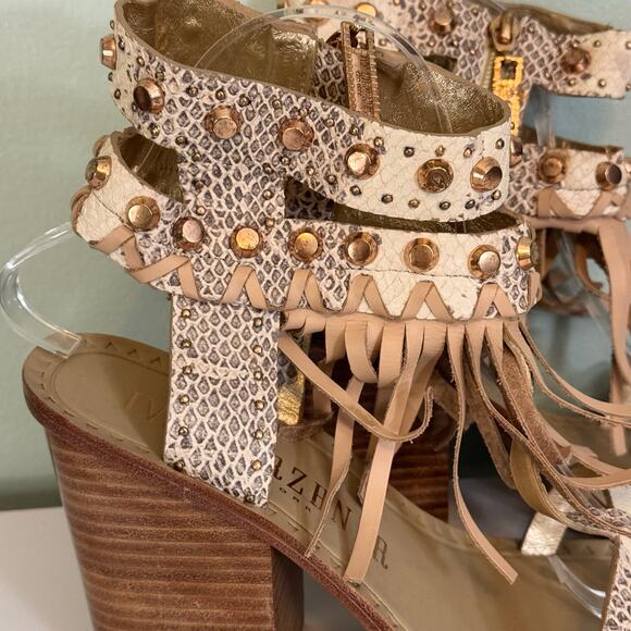 Ivy Kirzhner Sandals 9 Brown Snake Fringe Studded Hildagar Buckle Strappy Ankle - Picture 2 of 16